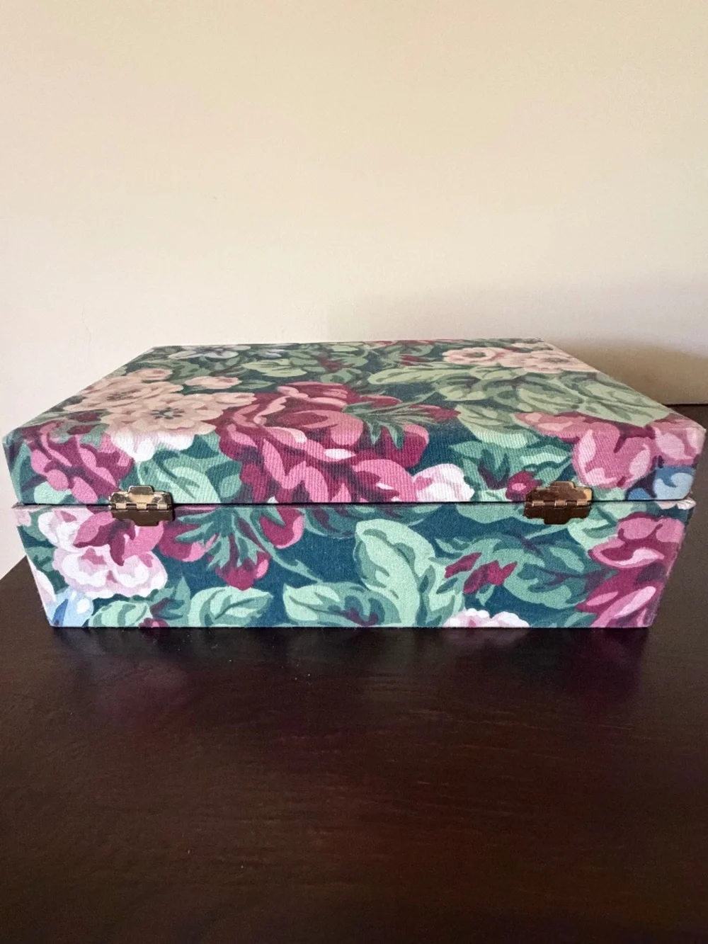 Vintage 80s Floral Fabric Two Tier Jewelry Box Case w/Mirror 10.5